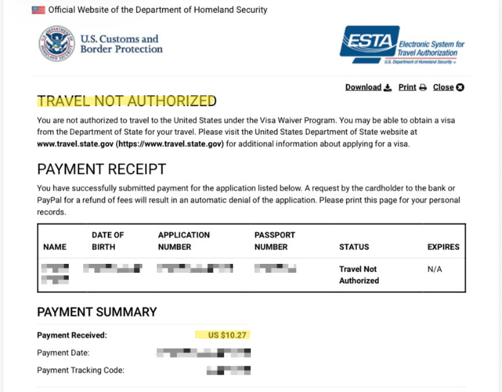 Travel not authorized example